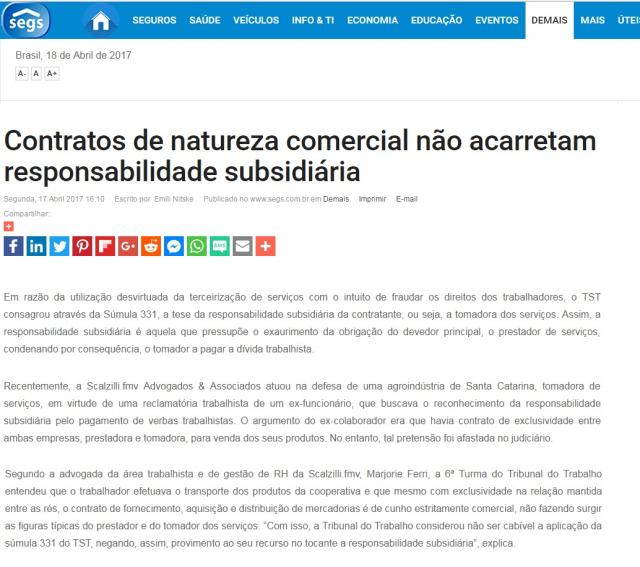 Contratos de natureza comercial não acarretam responsabilidade subsidiária